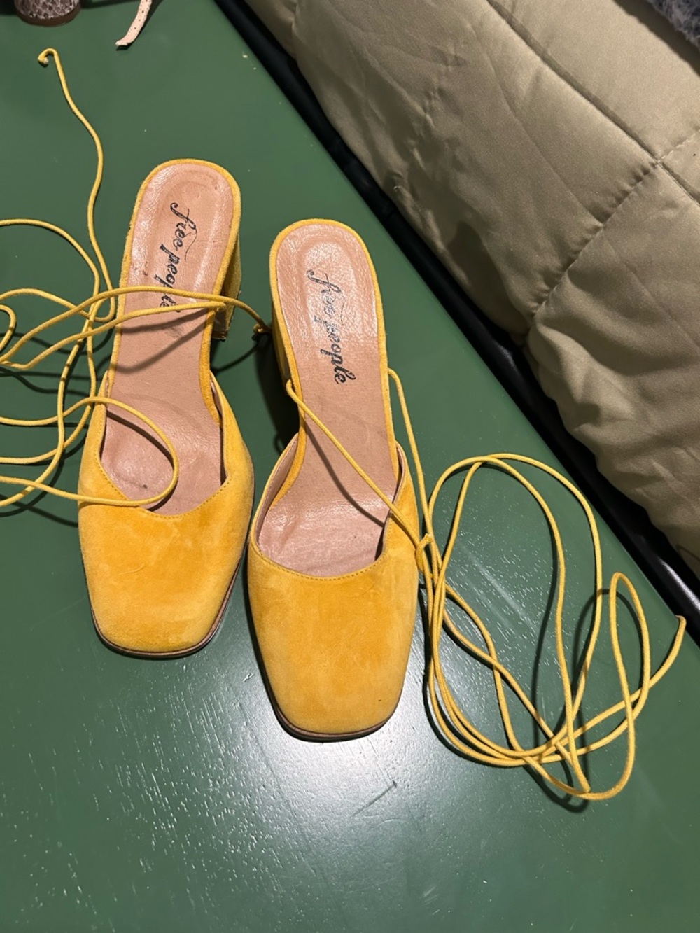 Free People Yellow Suede Lace-Up Square-Toe Mules